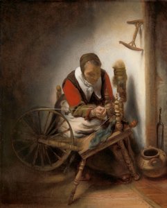 Die Spinnerin, ein Niddy-noddy an der Wand hängend von Nicolaes Maes