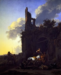 Eine italienische Landschaft mit Bauern vor einem Gasthaus von Nicolaes Pietersz. Berchem