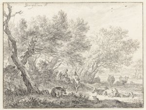 Hirten und Vieh bei einer Baumgruppe
