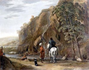 Italienische Landschaft mit Figuren und einem Pferd auf einer Straße
