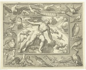 Element Luft als junger Mann auf Wolken zwischen fliegenden Vögeln von Nicolaes de Bruyn