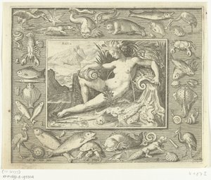 Element Wasser als Frau bei einer Quelle mit Fischen von Nicolaes de Bruyn