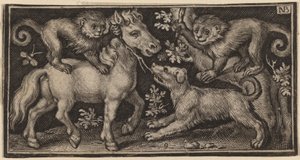 Pferd mit zwei Affen und einem Hund