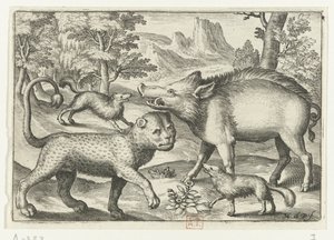 Leopard, Wildschwein und zwei Hunde von Nicolaes de Bruyn