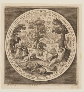 Sechster Tag: Die Erschaffung der Tiere, Adam und Eva, aus Die Schöpfung bis zur Vertreibung aus dem Paradies von Nicolaes de Bruyn