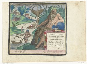Titelblatt mit Titel und Flussgott mit Dreizack und Fischernetz in Landschaft mit Fischern
