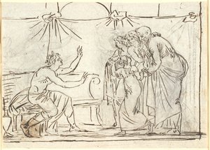 Antike Szene. Ein sitzender gekrönter Held spricht zu einer Gruppe von vier Figuren, darunter ein kleines Mädchen und ein alter Mann
