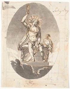 Der Tag, sitzender Mann mit strahlendem Heiligenschein und Pfeilen von Nicolai Abildgaard
