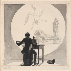 Ein Mann mit einer Laterna Magica zeigt ein Bild vom Verfall des Handels und Handwerks - der hinkende Merkur, der schlafende Vulkan usw. von Nicolai Abildgaard