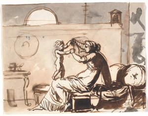 Eine Mutter spielt mit ihrem Kind, das auf ihrem Knie wippt von Nicolai Abildgaard