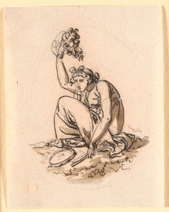 Eine sitzende Frau, die eine Maske hoch über ihren Kopf hebt von Nicolai Abildgaard