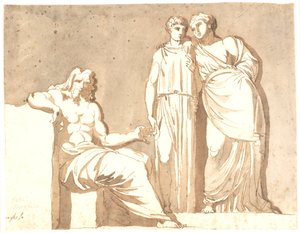 Ein sitzender Mann und zwei stehende Frauenfiguren