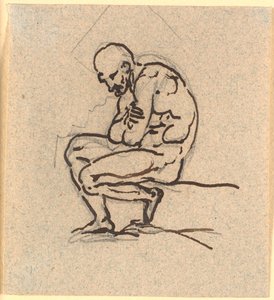 Ein sitzender, gebeugter nackter Mann im Profil nach links