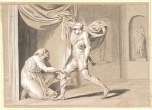 Ein Soldat findet Claudius, der Angst hat Kaiser zu werden, hinter einem Vorhang versteckt