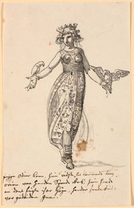Frigga, gehend, mit einem Paar Falken auf den ausgestreckten Armen. Sowie einige Zeilen mit Notizen des Künstlers von Nicolai Abildgaard