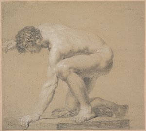 Halbknieendes Modell. Rechtes Knie auf Kissen gestützt. Rechter Arm hinter dem Kopf erhoben. Linker Arm gestützt von Nicolai Abildgaard