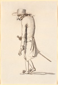 Karikatur eines krummgebogenen Mannes, der nach links geht, mit einem Stock in der rechten Hand von Nicolai Abildgaard