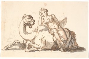 Frauenfigur mit Turban und Halbmond, sitzend an ein fantastisches Kamel gelehnt. Allegorie auf Asien