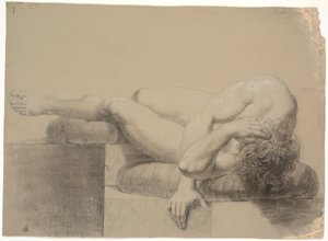 Liegendes Modell. Nach links. Kopf und Oberkörper ruhen auf einem Kissen, Beine angehoben und linkes Bein auf einem anderen Kissen ruhend von Nicolai Abildgaard