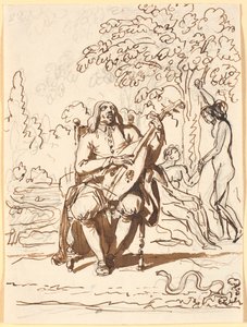 Milton, sitzend mit einer Laute, en face, im Hintergrund der Sündenfall von Nicolai Abildgaard