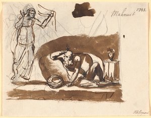 Muhamed, sitzend zwischen Kissen, links eine Frauenfigur