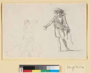 Szene zwischen zwei Figuren. Links eine sitzende Frau mit entblößtem Oberkörper, rechts ein gehender Mann mit Bogen und Köcher