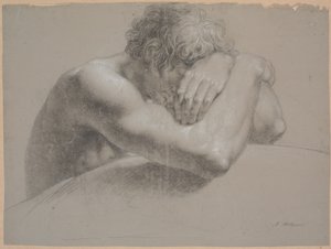 Oberkörper eines sitzenden Modells. Arme verschränkt. Kopf halb verdeckt von der linken Hand von Nicolai Abildgaard