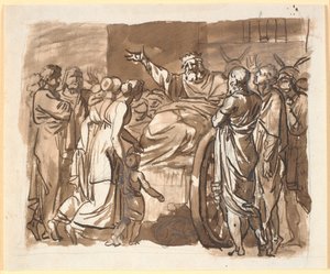 Peisistratos beklagt sich bei den Athenern über den Überfall, von dem er sagt, dass er das Ziel war. Er sitzt auf einem eselsgezogenen Karren, umgeben von zahlreichen Menschen