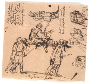 Triumph der Gerechtigkeit. Vier bewaffnete Männer tragen eine Bahre, mit einer ausgestreckten und einer sitzenden Figur von Nicolai Abildgaard