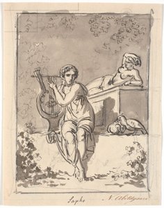 Sappho, sitzend mit ihrer Lyra, im Hintergrund ruht ein Hermaphrodit von Nicolai Abildgaard