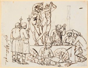 Satire darüber, dass die Polizei und die Lotterie im Charlottenborg zusammen mit der Kunstakademie untergebracht waren. Leute von der Lotterie und Wächter sind zusammen mit den drei Grazien zu sehen von Nicolai Abildgaard
