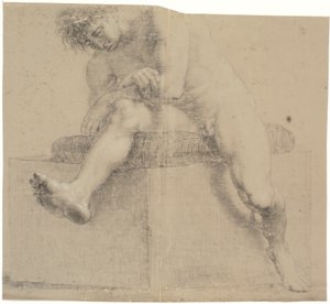 Sitzendes Modell auf niedriger Plinthe mit Kissen. Arme gekreuzt. Linkes Bein gebeugt, rechtes Bein ausgestreckt von Nicolai Abildgaard
