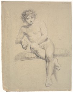 Sitzendes Modell auf niedriger Plinthe mit Kissen. Von vorne gesehen. Gekreuzte Beine von Nicolai Abildgaard