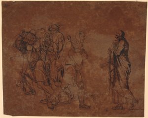 Studie von Simo, Sosie und den Sklaven, im Bild mit diesen Figuren. [Simo vertraut sich Sosia an]