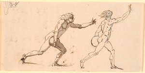 Zwei nackte Männer, nach rechts laufend, jeder mit einem großen Stein in der einen Hand, sowie eine Skizze eines Profils