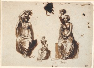 Drei Studien zu einer allegorischen sitzenden Frauenfigur mit einem erhobenen Medusakopf in der rechten Hand von Nicolai Abildgaard