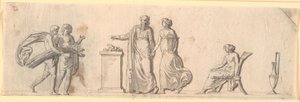 Entwurf für eine Dekoration eines Feldes, vermutlich eine bemalte Holzplatte auf einem Möbel. Antike Figuren mit Blumenkörben und Garben an einem Altar von Nicolai Abildgaard