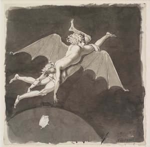 Katharina die Große, nackt, fliegt von der Erde auf dem Rücken eines Mannes mit Fledermausflügeln, 18. Jahrhundert von Nicolai Abraham Abildgaard
