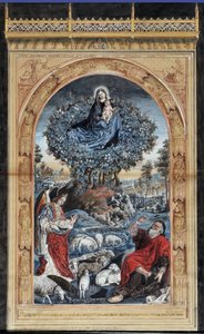 Kopie des brennenden Buschs. Moses auf dem Berg Sinai zieht seine Schuhe aus. Um ihn herum ein Engel, die Jungfrau und Christus und eine Schafherde
