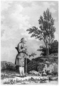 Jean-Jacques Rousseau (1712-78) sammelt Kräuter in Ermenonville, Juni 1778, graviert von Louis Michel Halbou (geb. 1730)