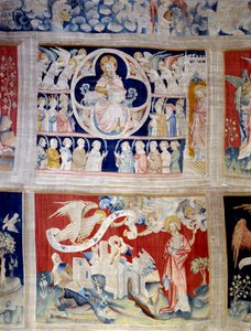 Vorhang der Offenbarung (1373-1383), Nr. 13: Gott und das Lamm, Symbol Christi. Unten, Nr. 20, die drei Engel befreien die Mächte. Tapisserie von Nicolas Bataille