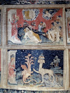 Offenbarungsvorhang (1373-1383). Jean überrascht von der Auferstehung der beiden Freunde. Der Drache gibt einem Panther ein königliches Zepter von Nicolas Bataille