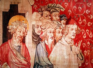 Detail von Männern, die dem Engel zuhören, der ihre Folter vorhersagt, aus "Die Apokalypse von Angers", 1373-87 von Nicolas Bataille
