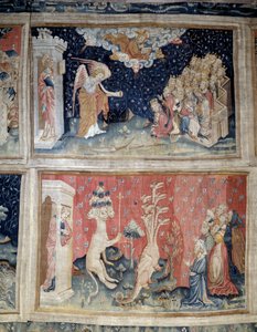 Wandbehang der Offenbarung (1373-1383), Nr. 24: Die siebte Posaune. Nr. 39: Anbetung des Drachen. Tapisserie von Nicolas Bataille von Nicolas Bataille
