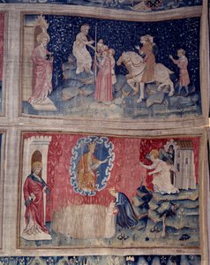 Wandteppich der Offenbarung (1373-1383), Nr. 46: Das Tier bringt seine Zahl: 666. Unten, Nr. 53, die Ernte der Auserwählten. Tapisserie von Nicolas Bataille von Nicolas Bataille