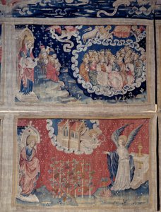 Wandbehang der Offenbarung (1373-1383), Nr. 48: Der Aufstieg des Lammes, das Singen der Auserwählten. Unten, Nr. 54, ein Engel kommt aus dem Tempel mit einer scharfen Sichel, ein anderer Engel befiehlt ihm, die Trauben der Weinberge der Erde zu ernten. Tap