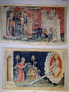 Wandteppich der Offenbarung (1373-1383), Nr. 72: Satan belagert die Stadt. Nr. 74: Johannes vor Christus. Tapisserie von Nicolas Bataille von Nicolas Bataille