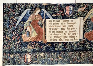 Wandteppich der Offenbarung: Engel tragen die Werkzeuge der Passion. Tapisserie von Nicolas Bataille