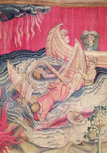 Die zweite Trompete und das Schiffswrack, Detail der sinkenden Schiffe, Nummer 21 aus der Apokalypse von Angers, 1373-87 von Nicolas Bataille