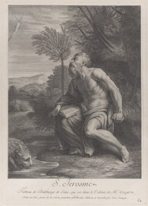 Heiliger Hieronymus sitzt unter einem Baum und schaut auf ein Kruzifix, ein Löwe trinkt Wasser aus einem Bach..., 1728 von Nicolas Chateau